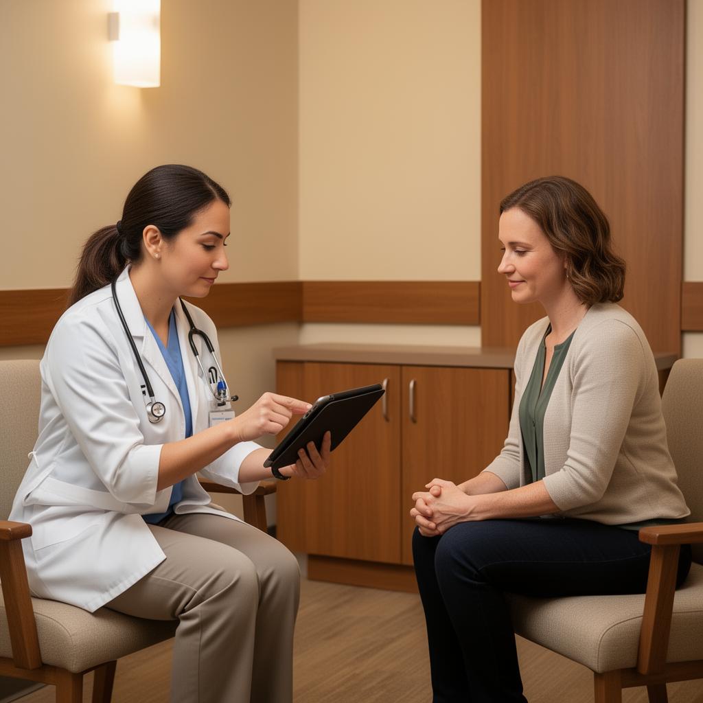 Provider and patient reviewing a tablet in a warm consultation room