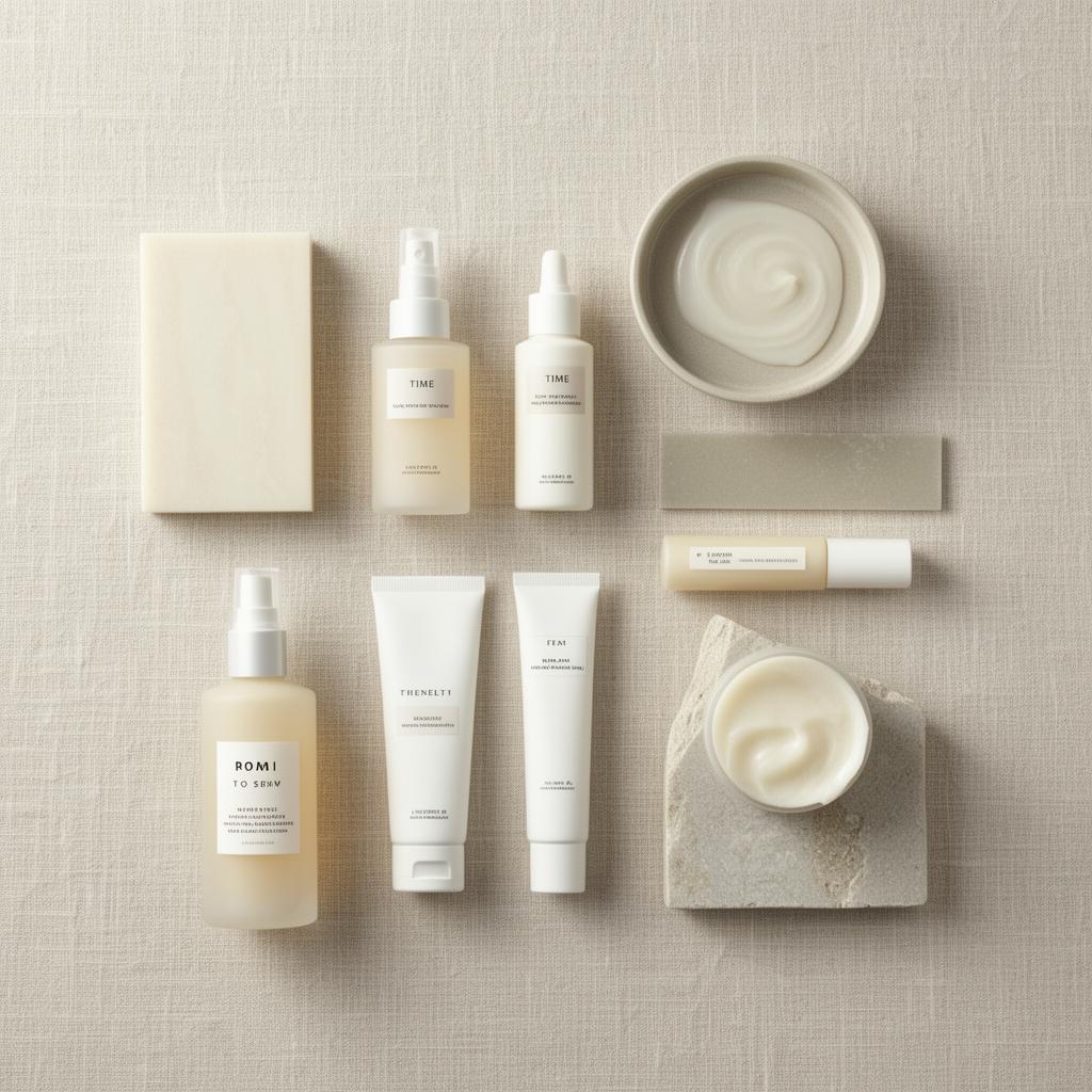 Elegant flat-lay of skincare routine items on neutral linen