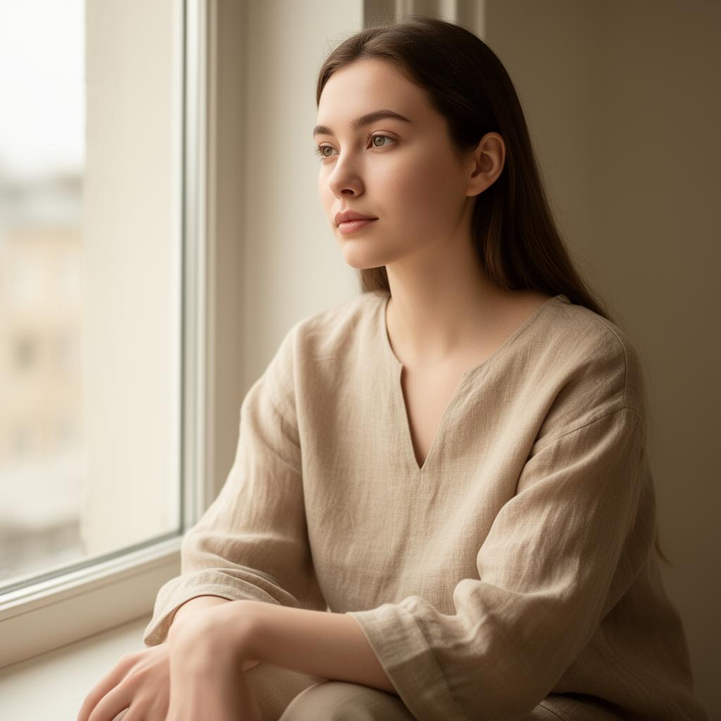 Young woman in natural window light with calm expression