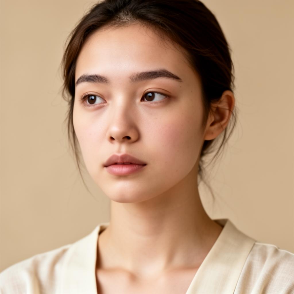 Young woman with neutral expression and natural skin